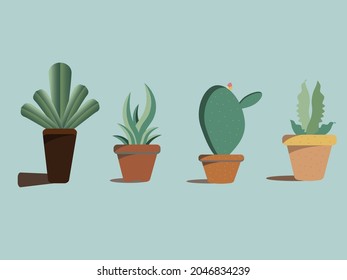 Set of decorative house plants in pots isolated on pastel background. Interior plant, vector, Cactus, flower, small tree. Vector illustration