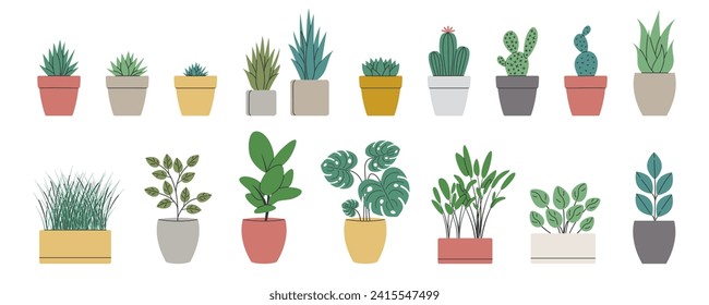 Set of decorative houseplants. Collection trendy plants and nature homemade flowers in pot interior decoration in flat style. Vector illustration on white background