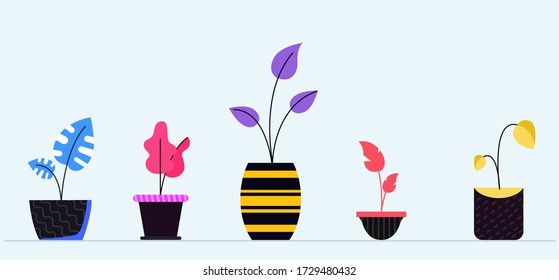 Set of decorative houseplants Pot. Plants and nature in pot interior decoration in flat cartoon style. Pot collection for flat and digital illustration. Vector illustration