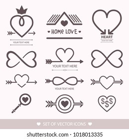Set decorative icon for Valentine's Day. Graphic romantic element Heart and arrow.  Decoration for the wedding. Logo love vector illustration