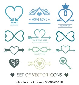 Set Decorative Icon For Valentine's Day. Graphic Romantic Element Heart And Arrow.  Decoration For The Wedding. Logo Love Vector Illustration