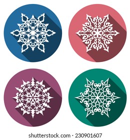 Set of decorative icons with snowflakes, flat design stylized, isolated with colorful round backgrounds