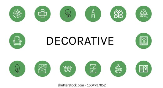 Set of decorative icons such as Fireworks, Patch, Tree, Lipstick, Butterfly, Faberge, Love letter, Air hockey, Disco ball, Certificate, Armchair, Bible , decorative