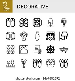 Set of decorative icons such as Giraffe, Flips flops, Butterfly, Candle holder, Tree, Mirror, Cracknels, Flower, Vase, Mask, Wall lamp, Window, Certificate, Buddhism , decorative