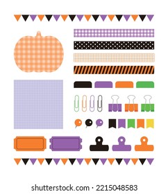 A set of decorative illustration icons for the concept of 'Halloween Day', an event festival in October. Various objects such as notes, labels, indexes, tongs, clips, thumbtacks and pins.