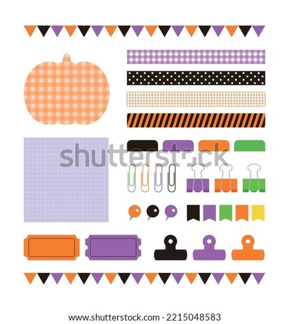 A set of decorative illustration icons for the concept of 'Halloween Day', an event festival in October. Various objects such as notes, labels, indexes, tongs, clips, thumbtacks and pins.