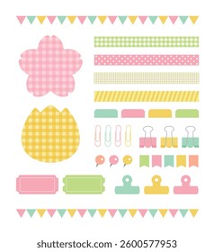 Set of decorative illustration icons with 'spring' concept. Various objects such as note, memo, label, index, pincer, card, clip, tong, tack, thumbtack and pins.