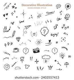 A set of decorative illustrations. simple hand-drawn . Arrows, Flowers, emphasis, stars, hearts, speech ballons, etc