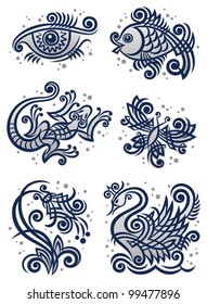 Set of decorative illustrations symbolizing representatives of flora and fauna