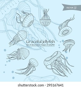 set of decorative images of marine jellyfish