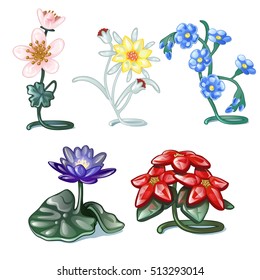 Set of decorative interior items isolated on a white background. Table compositions in the form of blooming flowers. Vector illustration.