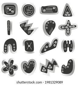 Decoración de manchas negras aisladas de estilo auténtico. Elementos de formas redondeadas. Ilustración vectorial.
