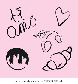 Set of decorative isolated elements. Hand drawn  design of ice cream, cherry, hearts, brioche, italian lettering text – ti amo, i love you. Concept for cafe menu, wrapper. Pink background. Vector 10