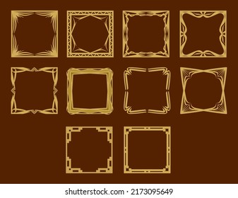 Set of Decorative Isolated frames. Elegant vector element for design, place for text with Golden border. Lace illustration for invitations and greeting cards. 10 square frames