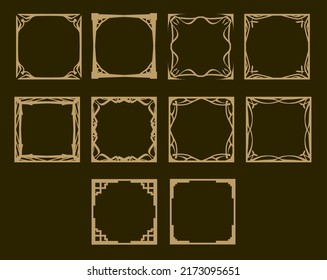 Set of Decorative Isolated frames. Elegant vector element for design, place for text with Golden border. Lace illustration for invitations and greeting cards. 10 square frames