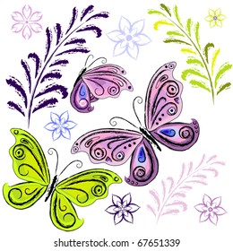 Set decorative isolated grunge flowers and butterflies on white (vector)