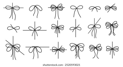 Set of decorative isolated on white background black silhouettes, contours of bows, ribbon made of thin jute, rope for gift wrapping, present for Christmas, Birthday, New Year. Vector EPS10