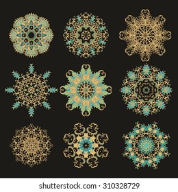 Set of decorative isolated rosettes-snowflakes