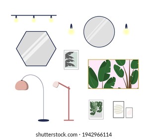 Set of decorative items for the house. Mirrors, floor lamps, paintings, lamps