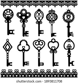 Set of decorative key templates and stencils, vintage style monogram and two openwork borders, black and white monochrome vector illustration of isolated elements on a white background