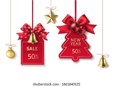 Juego de etiquetas decorativas y decoraciones navideñas. Etiqueta de precio de Año Nuevo. Plantilla de diseño para la venta de invierno. Ilustración de material vectorial.