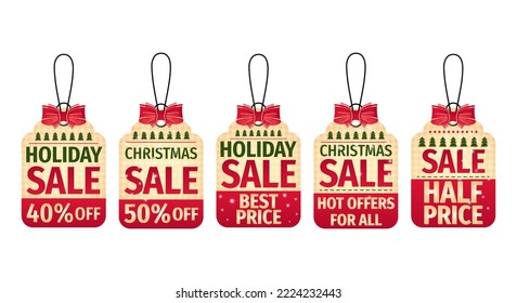 Set of decorative labels and Christmas decorations. New Year price tag. Winter sale design template. Vector illustration.