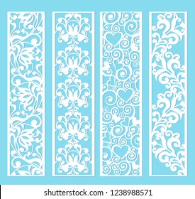 Set of decorative lace borders with hearts. Ornamental panels with floral pattern. Flowers and and hearts.  Set of bookmarks templates. Image suitable for laser cutting, plotter cutting or printing.