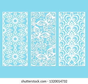 Set of decorative lace borders with hearts. Ornamental panels with floral pattern. Flowers and and hearts. Set of bookmarks templates. Image suitable for laser cutting, plotter cutting or printing.