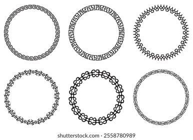 Set of decorative lace tribal frames. Openwork circle ethnic ornate. Geometric round frame border on white background. Mayan style meander pattern. Vector illustration 