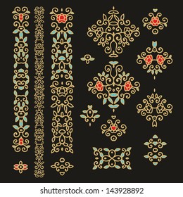 Set of decorative laced elements - vector floral vignettes, patterns, border decor with red flowers