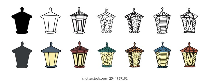 Set of decorative lanterns isolated on white background. Black silhouette, outline, and colored versions. Concept of lighting design, vintage decor, hand-drawn art, street lanterns. Design elements