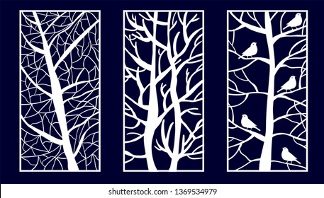 Set of Decorative laser cut panels with tree shapes. Vector Illustration.