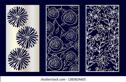 Set of Decorative laser cut panels with floral elements. Vector Illustration.