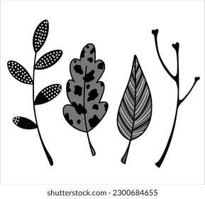 A set of decorative leaves and curls on a transparent background. Dynamic shapes and textures. Vector art