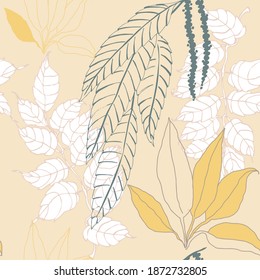 A set decorative leaves for design. Seamless pattern on a beige background. Vector illustration.