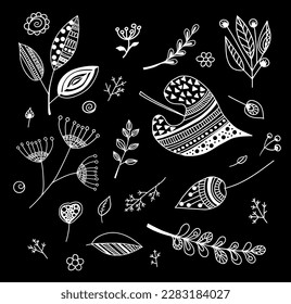 A set of decorative leaves. Drawn with a white outline. Vector file for designs.