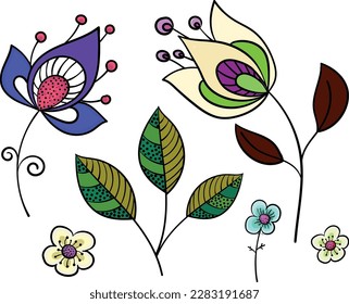 A set of decorative leaves and flowers. Vector file for designs.