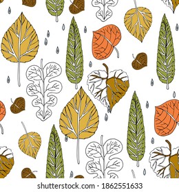 A set of decorative leaves for printed and design. Vector illustration for decor.  Seamless pattern on white background.