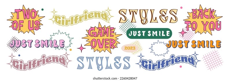 Set of decorative lettering in retro color. Lettering in the style of the 70s. Lettering for t-shirts and posters. Vector illustration.