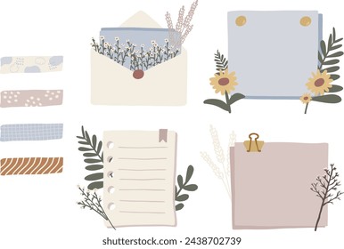 Set of decorative letters, memo notes and washi sticky tape illustration in pastel. For card, postcard, sticker, banner, invitation, social media posters. Wedding, birthday, love, scrapbook concept