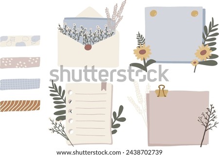 Set of decorative letters, memo notes and washi sticky tape illustration in pastel. For card, postcard, sticker, banner, invitation, social media posters. Wedding, birthday, love, scrapbook concept
