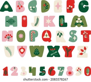 Set of decorative letters and numbers. Christmas typography, winter atmosphere. For design, scrapbooking, prints. Decorated letters in a simple geometric Scandinavian style. Beautiful alphabet bundle.