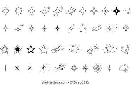 Set of Decorative Linar Elements, Collection, Stars, Sparkles, Shapes, Icons, Outline, Hand Drawn, Isolated, Glittering, Style, Doodle, Abstract, Symbol, Black, Vector Illustration