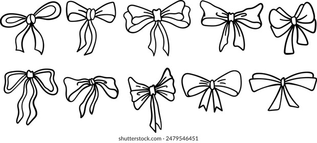 Set of Decorative Line Art Bow Ribbon. Hand Drawn Doodle Ribbon Bow Gift.
