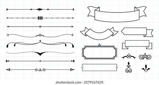 Set of decorative line dividers and banners. Elegant banners and line dividers for design. Use these banners and dividers for invitations and cards. Vintage illustrations, isolated element vector set.