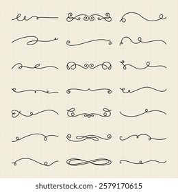 Set of decorative line dividers, swirls, and flourishes. Elegant line dividers for design. Swirls and flourishes for creative projects. Decorative line art. Hand drawn ornament vector set.