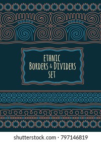 Set of decorative linear geometrical borders and dividers pattern brushes in mexican aztec tribal style.