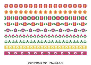 Set of decorative lines of flowers in colorful and cute style. Labels, tapes, lines, stickers.