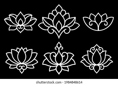 Set of decorative lotus flower symbols. Elements of patterns for laser and plotter cutting, embossing, engraving, printing on clothing. Ornaments for henna drawings in the oriental style.