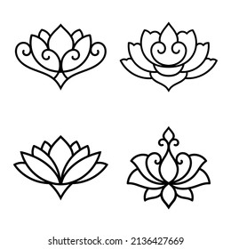 Set of decorative lotus flower symbols. Elements of patterns for laser and plotter cutting, embossing, engraving, printing on clothing. Ornaments for henna drawings in the oriental style.
